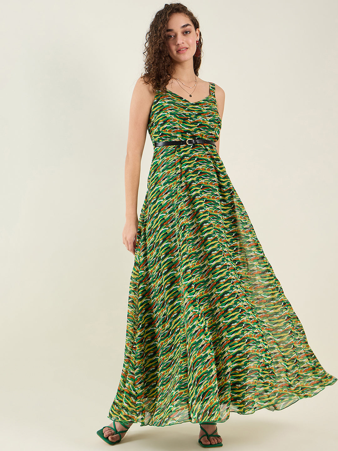 Abstract Print Sleeveless Maxi Dress with Belt
