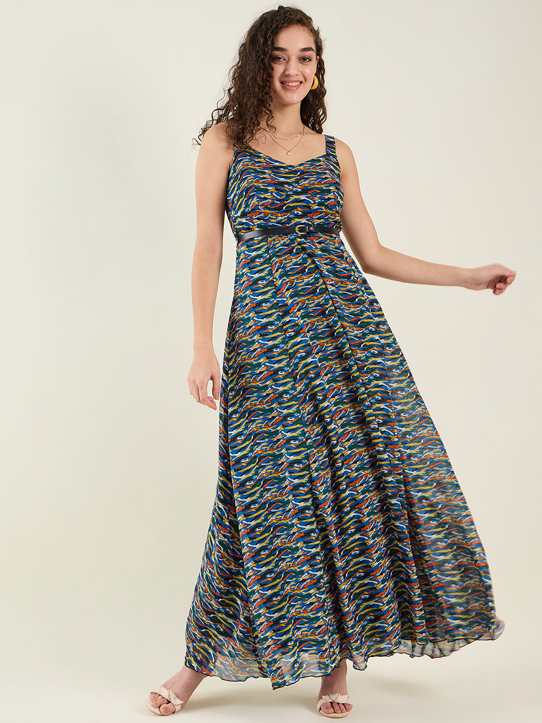 Abstract Print Sleeveless Maxi Dress with Belt