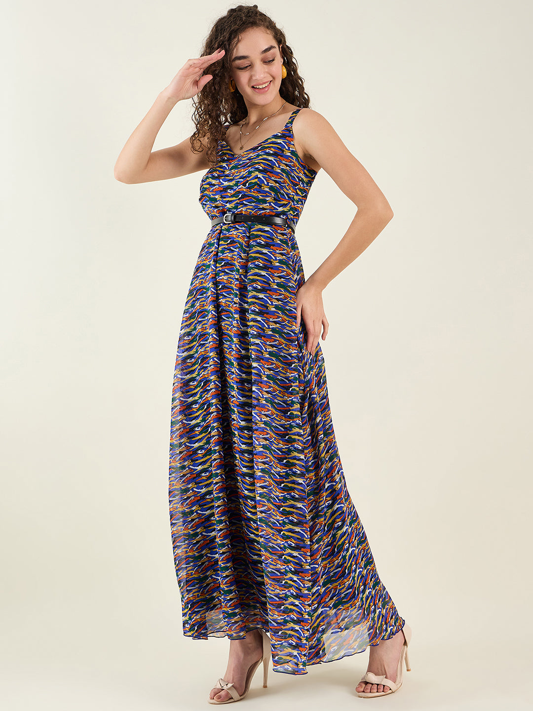Abstract Print Sleeveless Maxi Dress with Belt