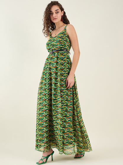 Abstract Print Sleeveless Maxi Dress with Belt