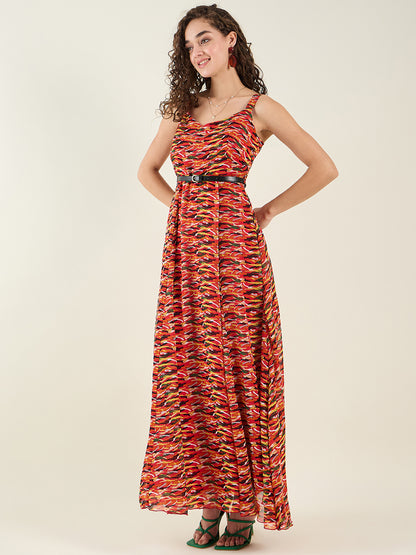 Abstract Print Sleeveless Maxi Dress with Belt