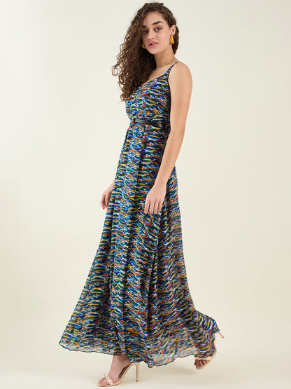 Abstract Print Sleeveless Maxi Dress with Belt