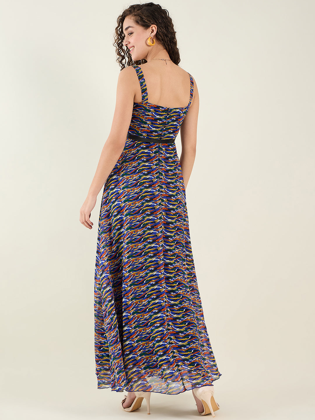 Abstract Print Sleeveless Maxi Dress with Belt