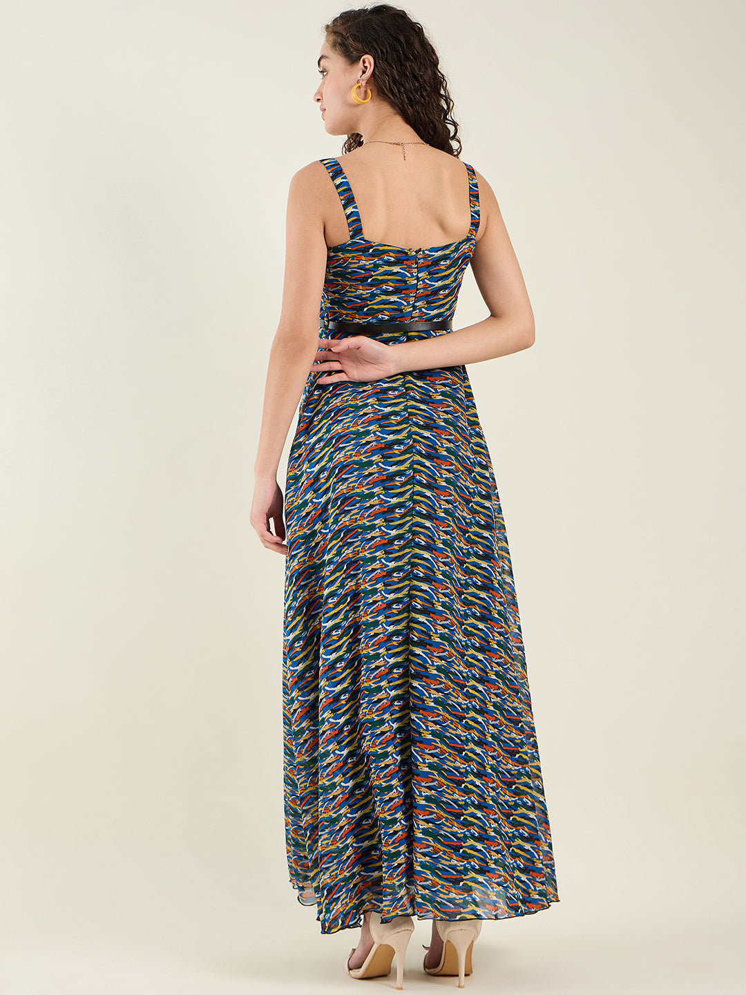 Abstract Print Sleeveless Maxi Dress with Belt