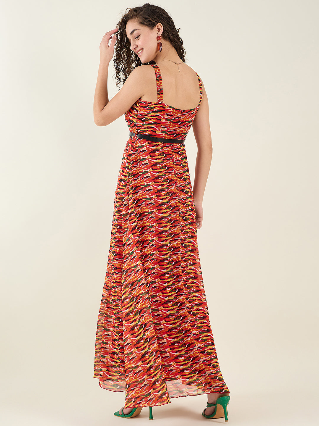 Abstract Print Sleeveless Maxi Dress with Belt