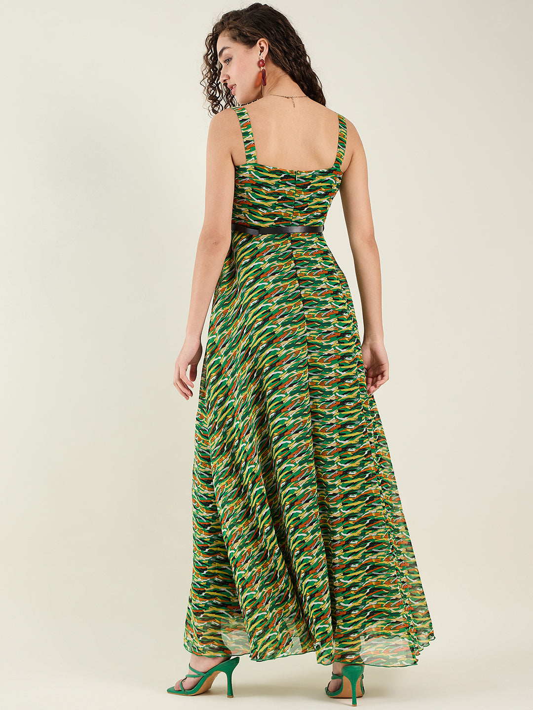 Abstract Print Sleeveless Maxi Dress with Belt