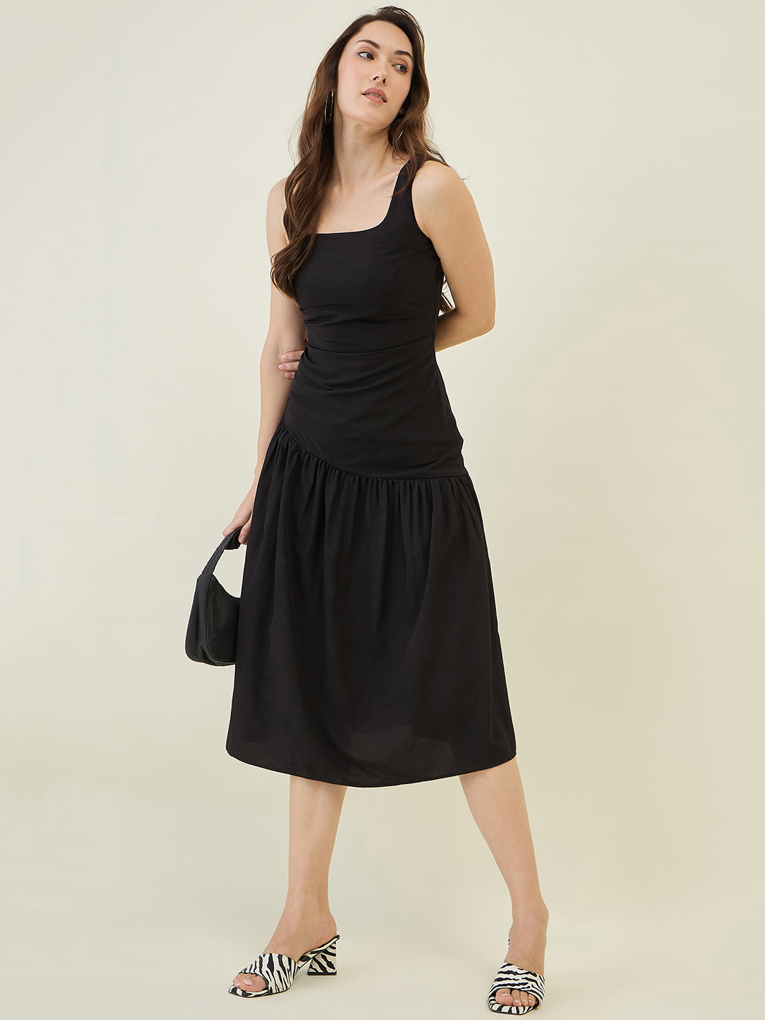 Asymmetric Strap Solid Midi Fit & Flare Dress
