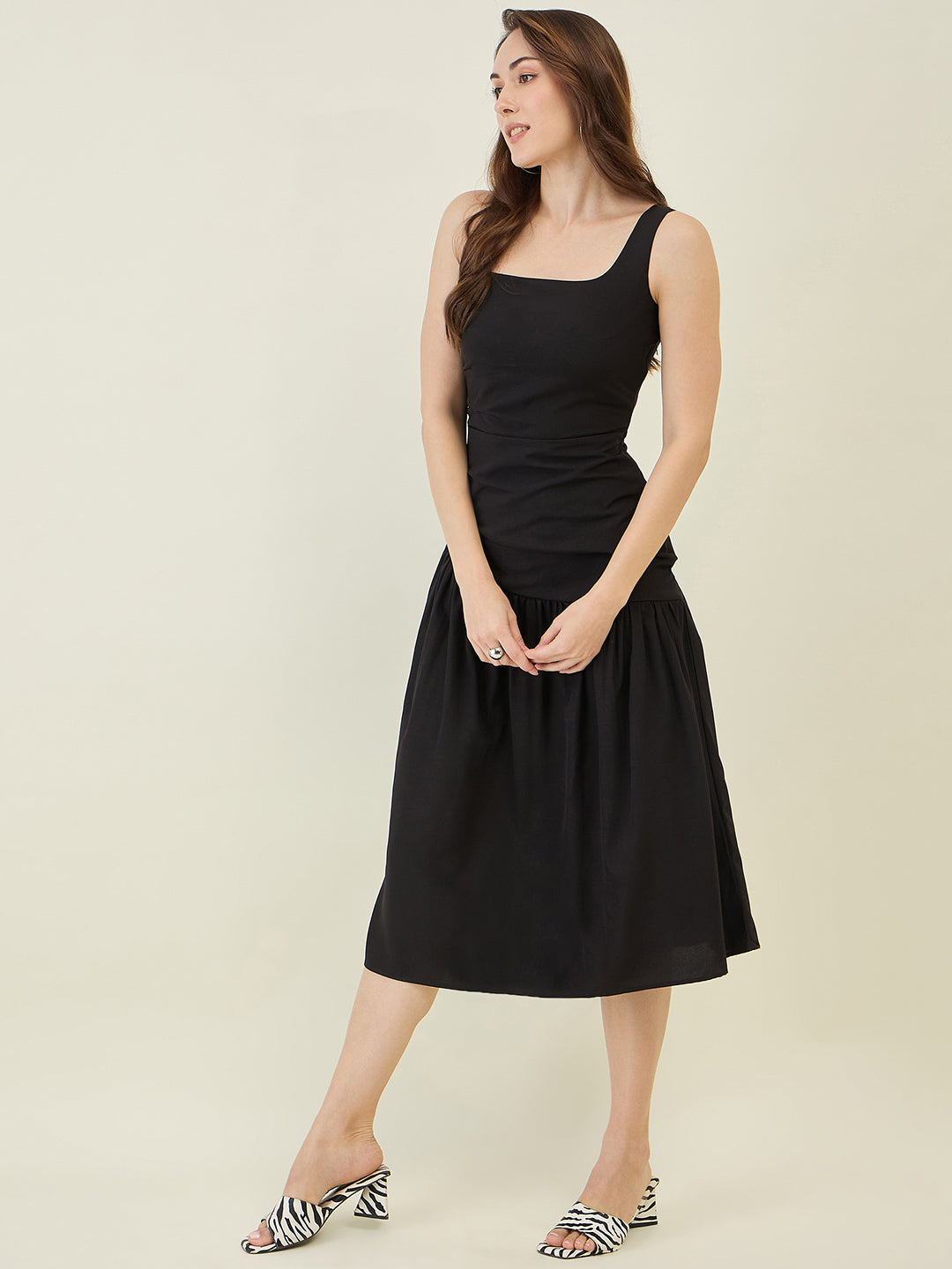 Asymmetric Strap Solid Midi Fit & Flare Dress