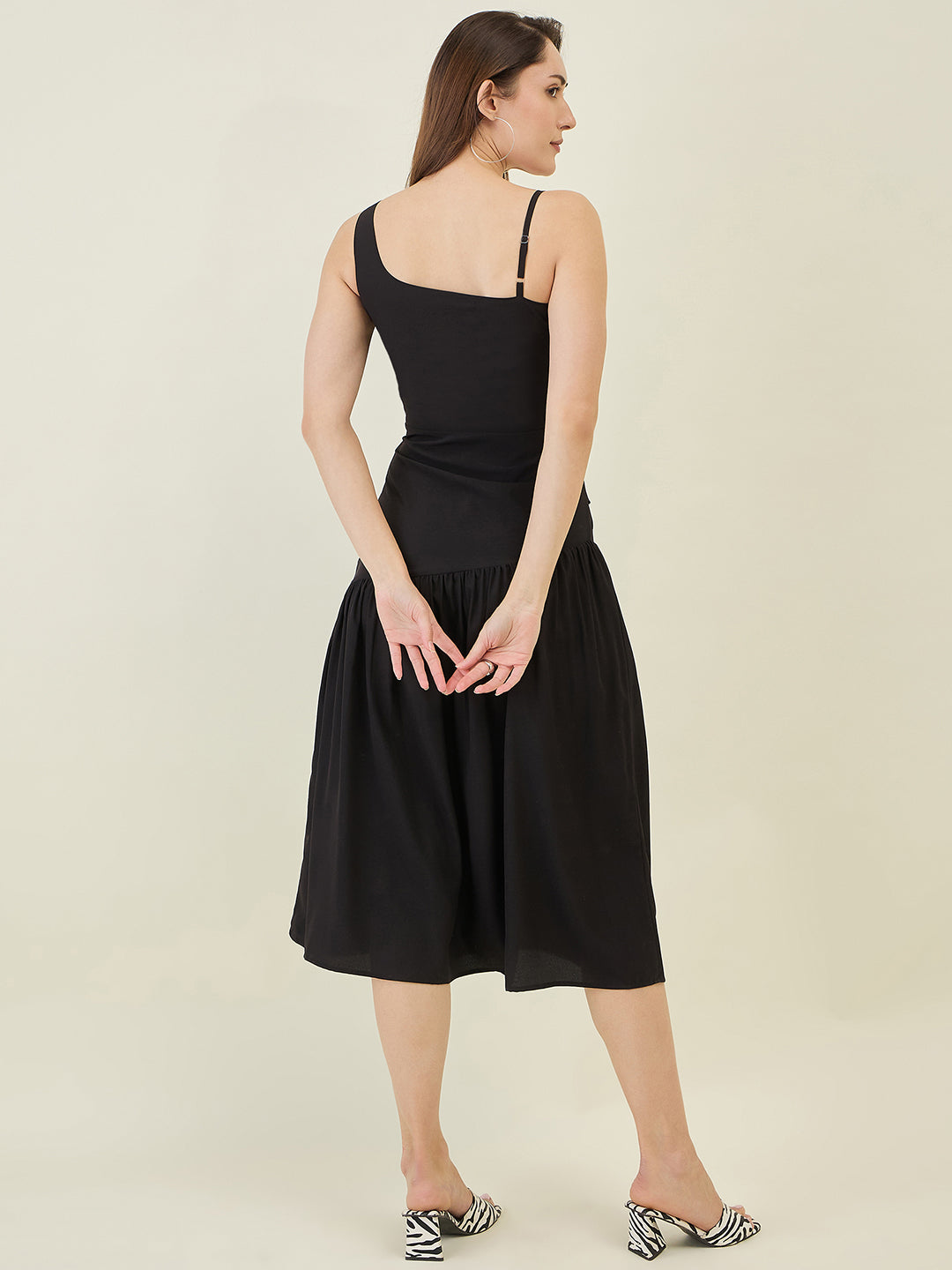 Asymmetric Strap Solid Midi Fit & Flare Dress