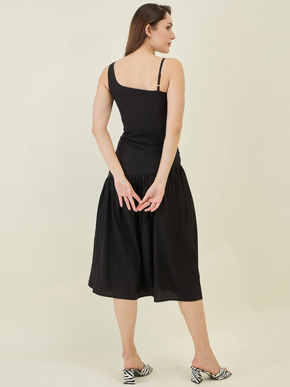 Asymmetric Strap Solid Midi Fit & Flare Dress