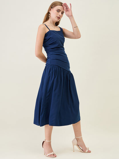 Asymmetric Strap Solid Midi Fit & Flare Dress