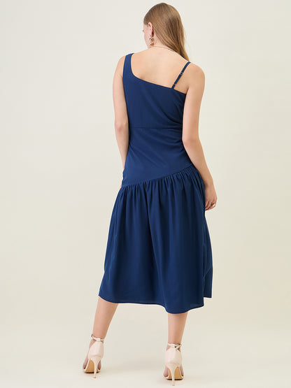Asymmetric Strap Solid Midi Fit & Flare Dress