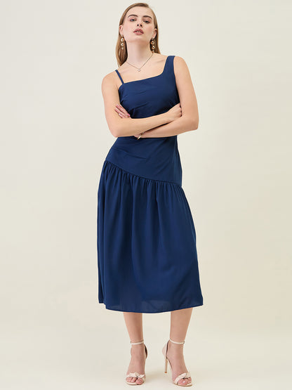 Asymmetric Strap Solid Midi Fit & Flare Dress