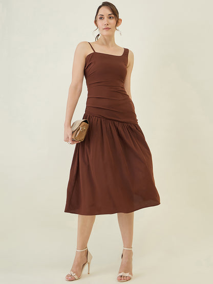 Asymmetric Strap Solid Midi Fit & Flare Dress