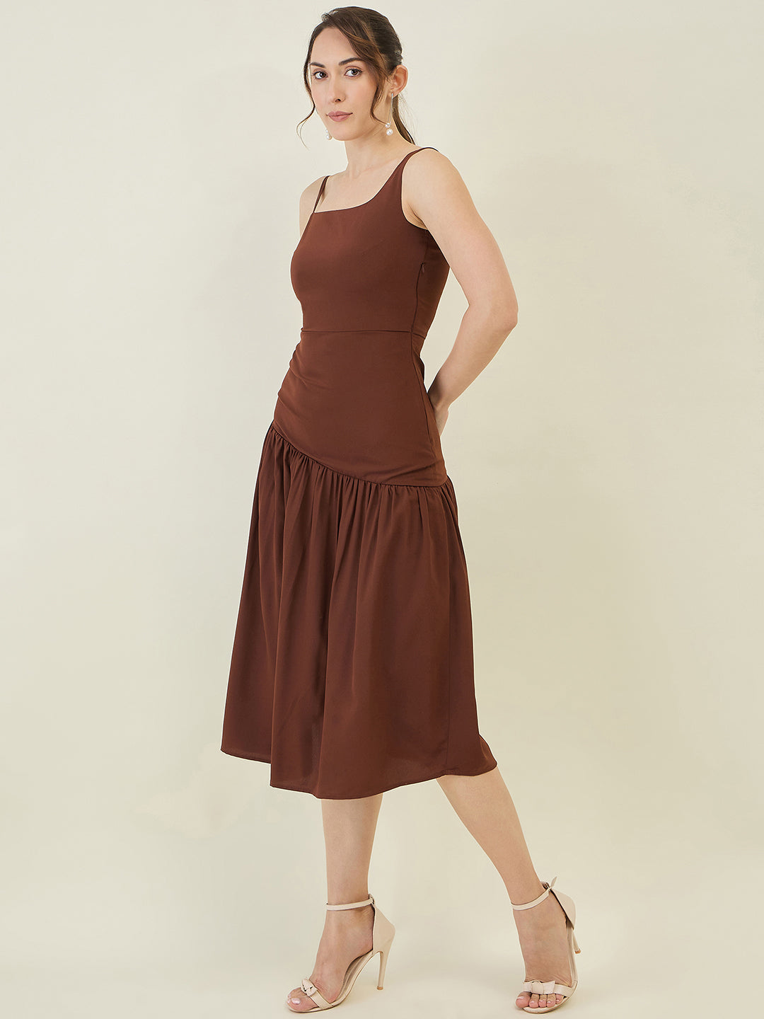 Asymmetric Strap Solid Midi Fit & Flare Dress