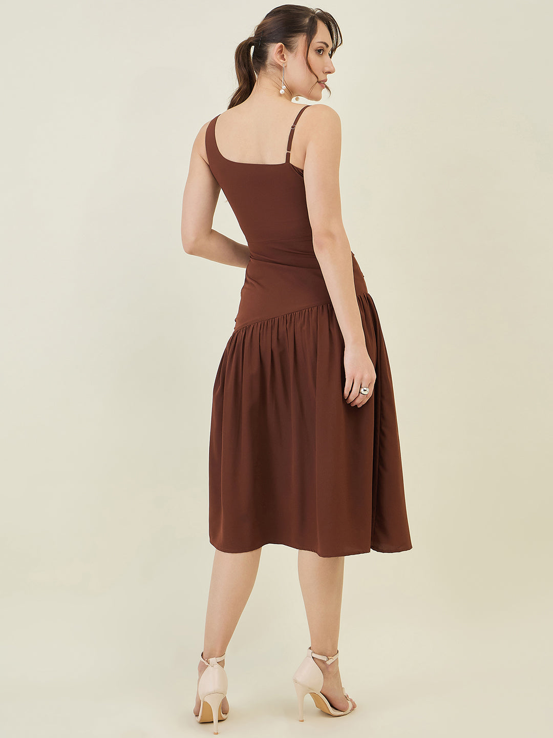 Asymmetric Strap Solid Midi Fit & Flare Dress