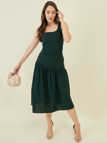 Asymmetric Strap Solid Midi Fit & Flare Dress