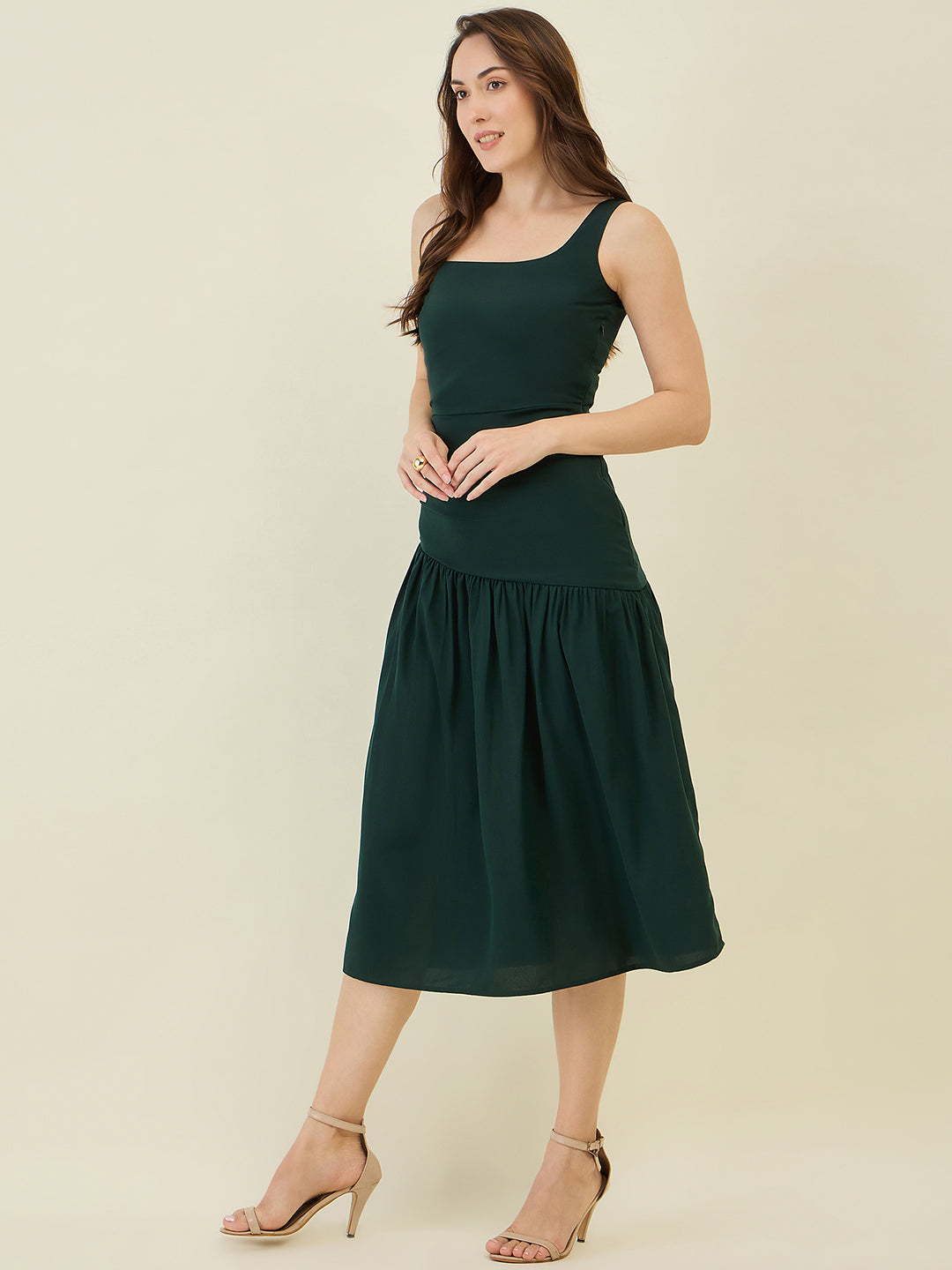 Asymmetric Strap Solid Midi Fit & Flare Dress
