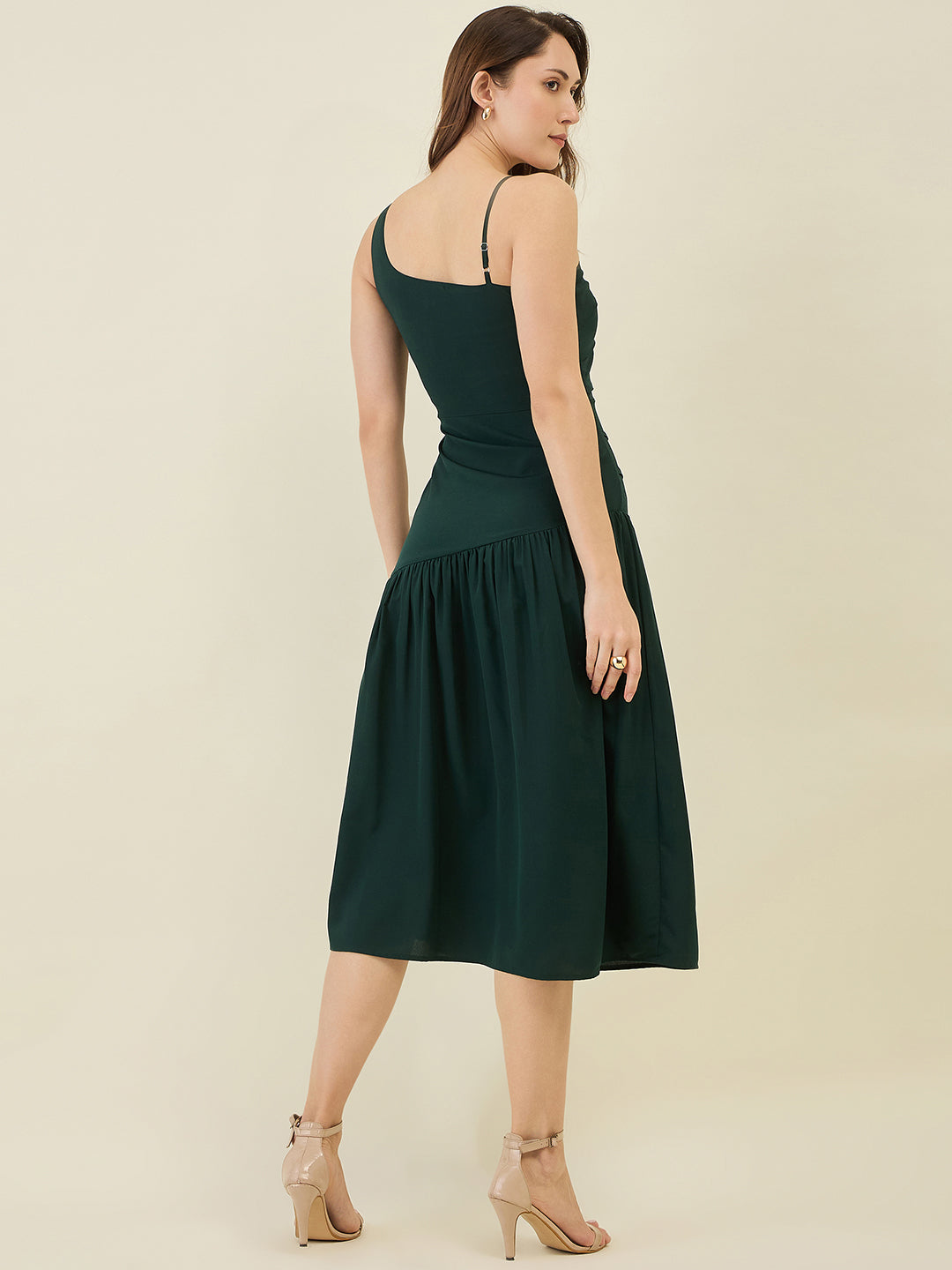 Asymmetric Strap Solid Midi Fit & Flare Dress