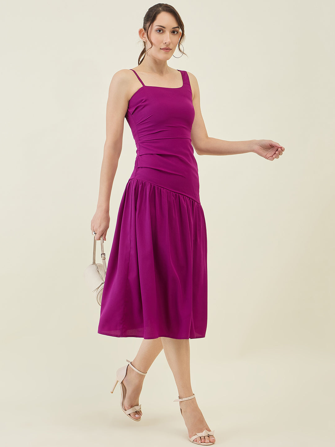 Asymmetric Strap Solid Midi Fit & Flare Dress