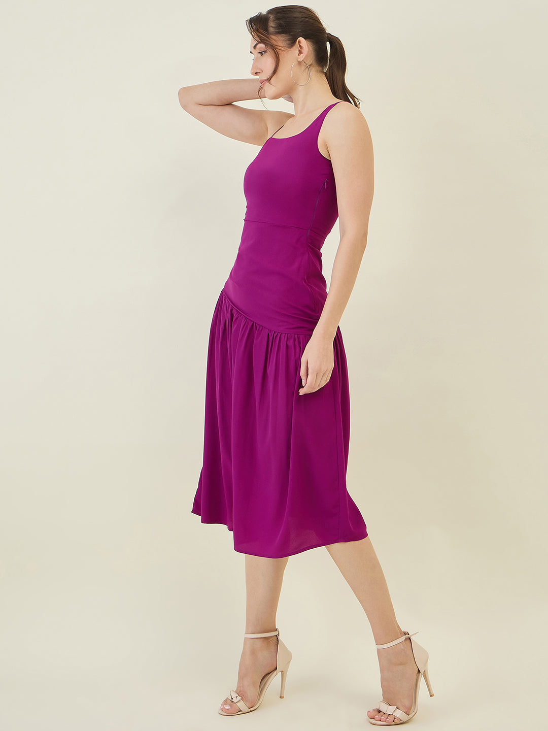 Asymmetric Strap Solid Midi Fit & Flare Dress