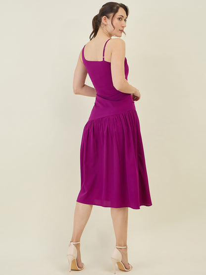 Asymmetric Strap Solid Midi Fit & Flare Dress