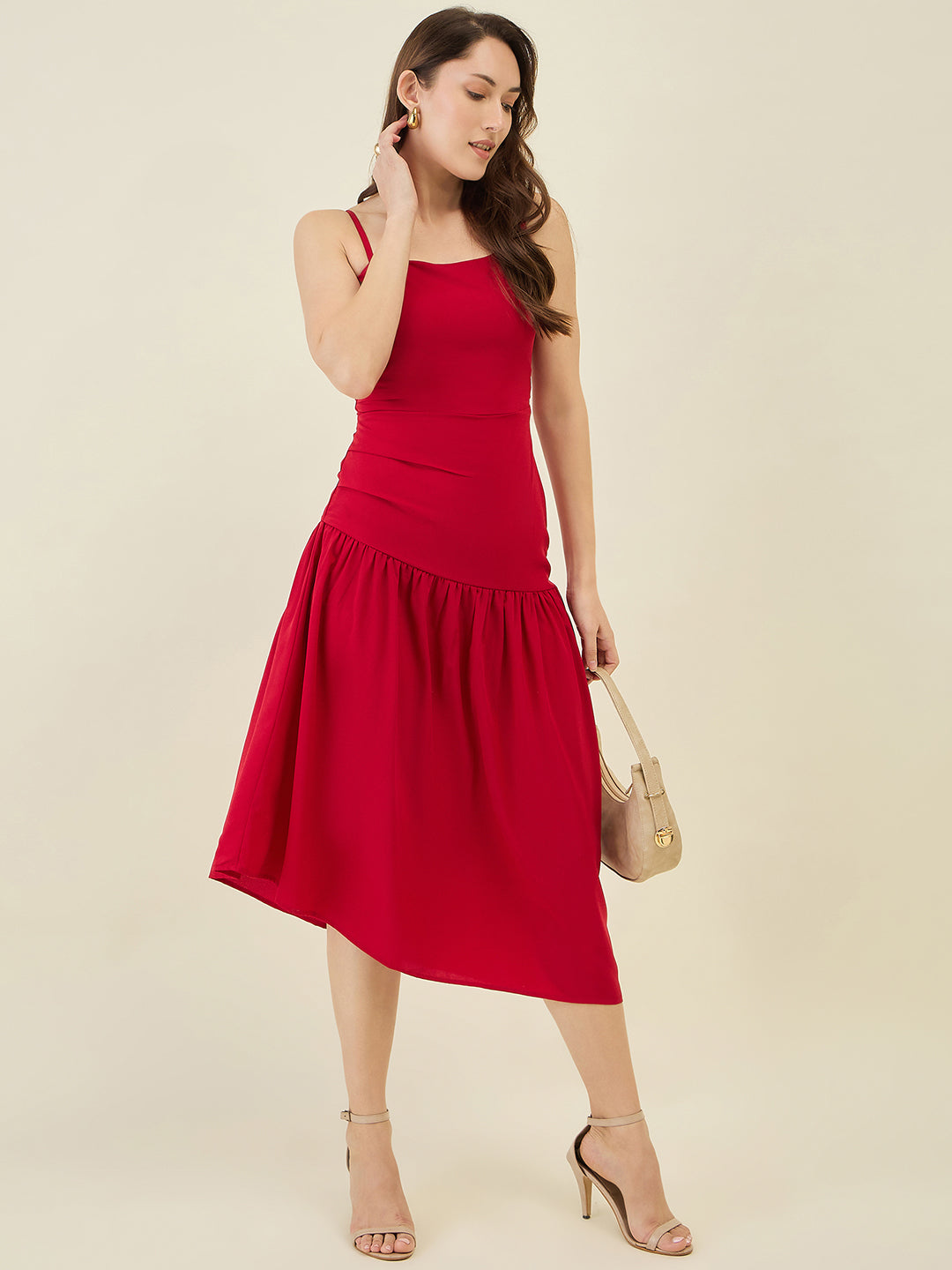 Asymmetric Strap Solid Midi Fit & Flare Dress
