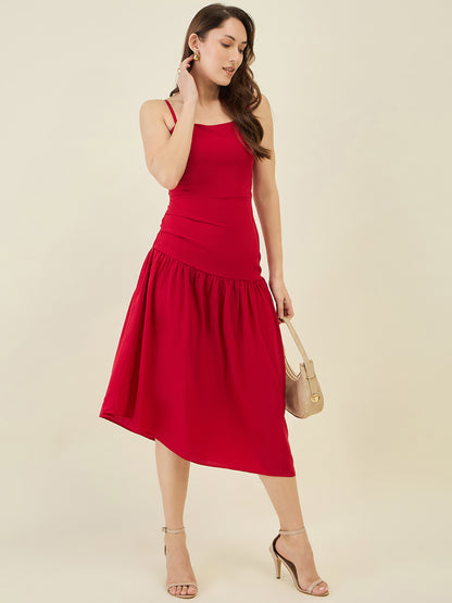 Asymmetric Strap Solid Midi Fit & Flare Dress