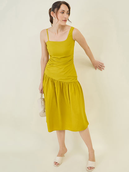 Asymmetric Strap Solid Midi Fit & Flare Dress