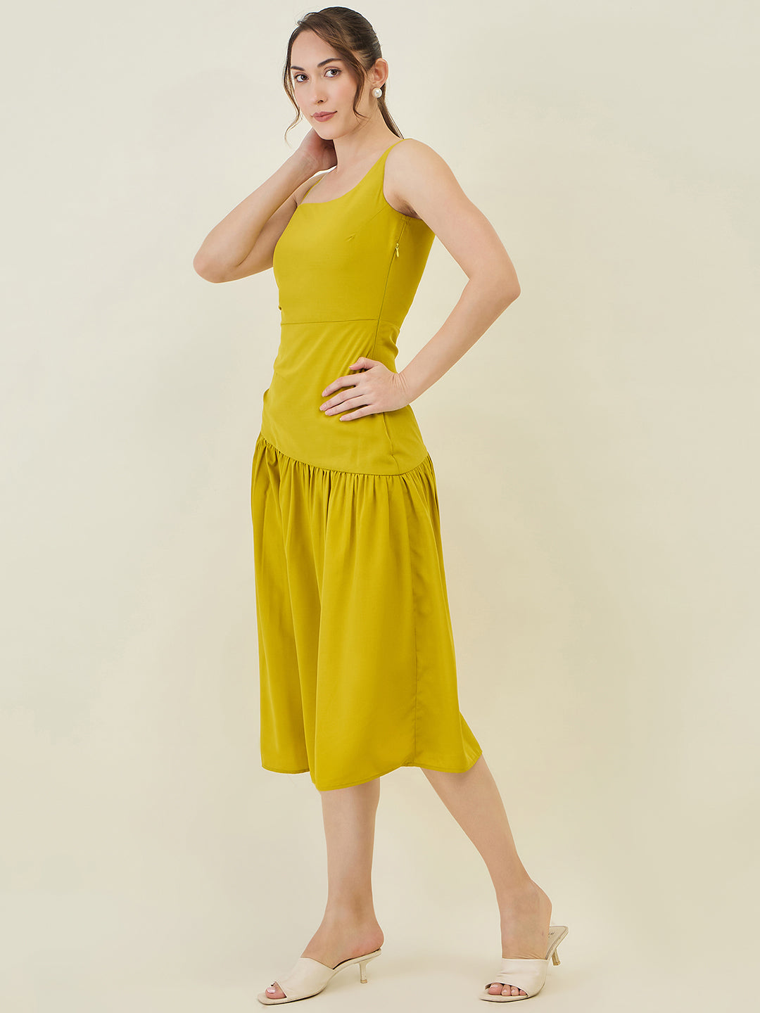 Asymmetric Strap Solid Midi Fit & Flare Dress