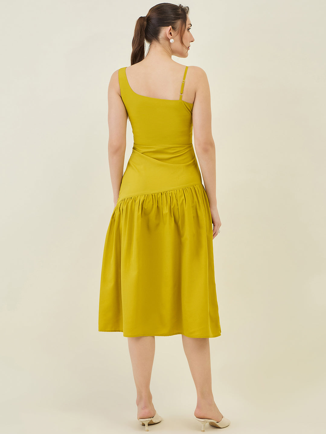 Asymmetric Strap Solid Midi Fit & Flare Dress