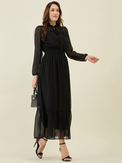 Dobby Mesh High Neck Maxi Dress with Smocked Waist