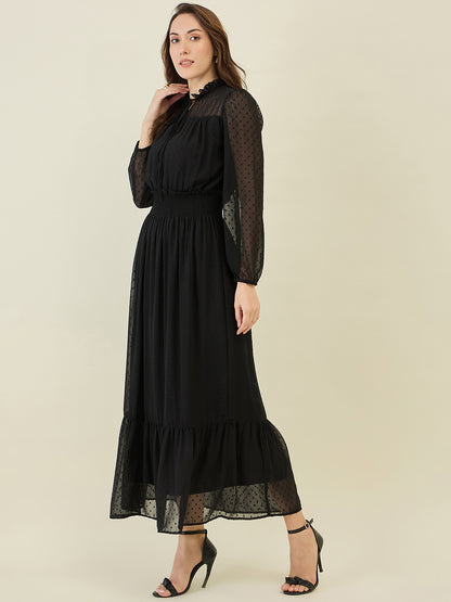Dobby Mesh High Neck Maxi Dress with Smocked Waist