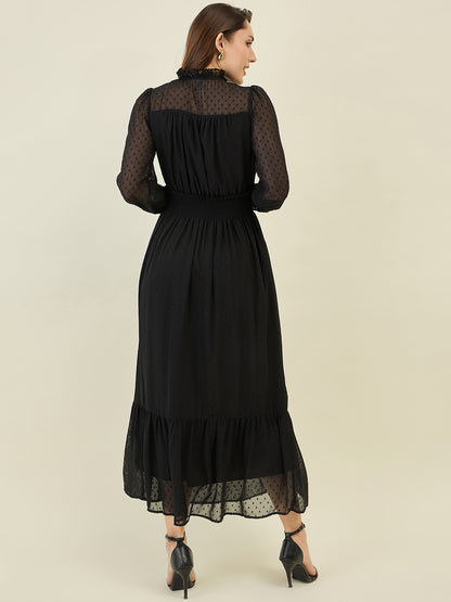 Dobby Mesh High Neck Maxi Dress with Smocked Waist