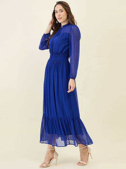 Dobby Mesh High Neck Maxi Dress with Smocked Waist