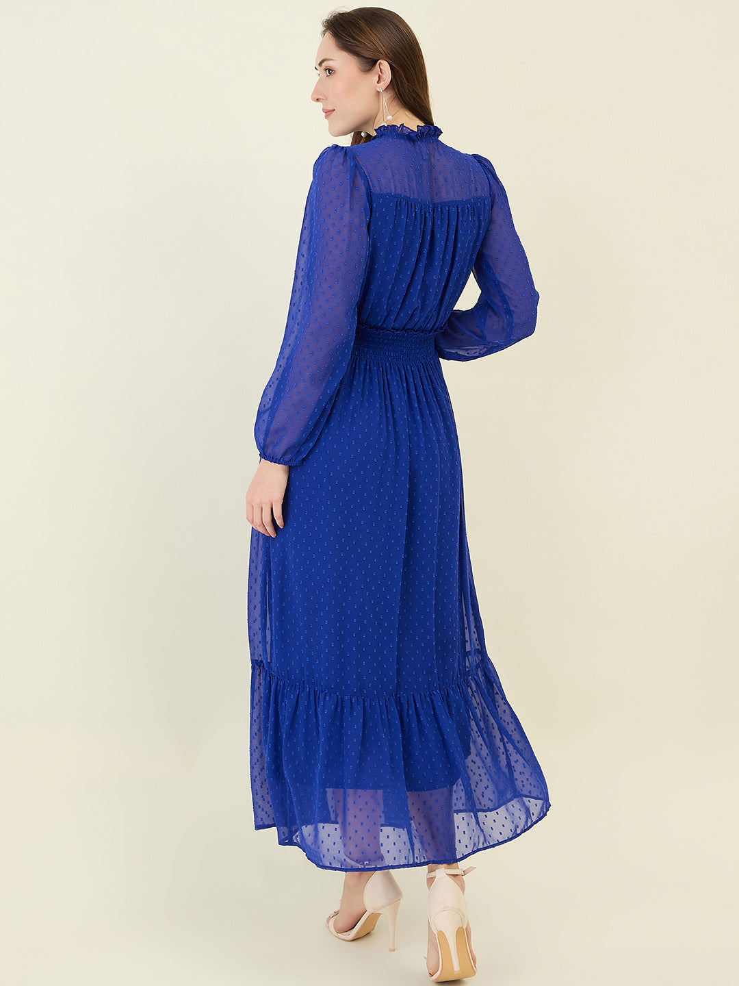 Dobby Mesh High Neck Maxi Dress with Smocked Waist