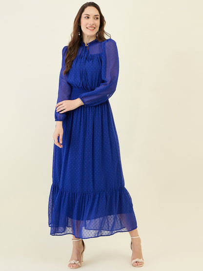 Dobby Mesh High Neck Maxi Dress with Smocked Waist