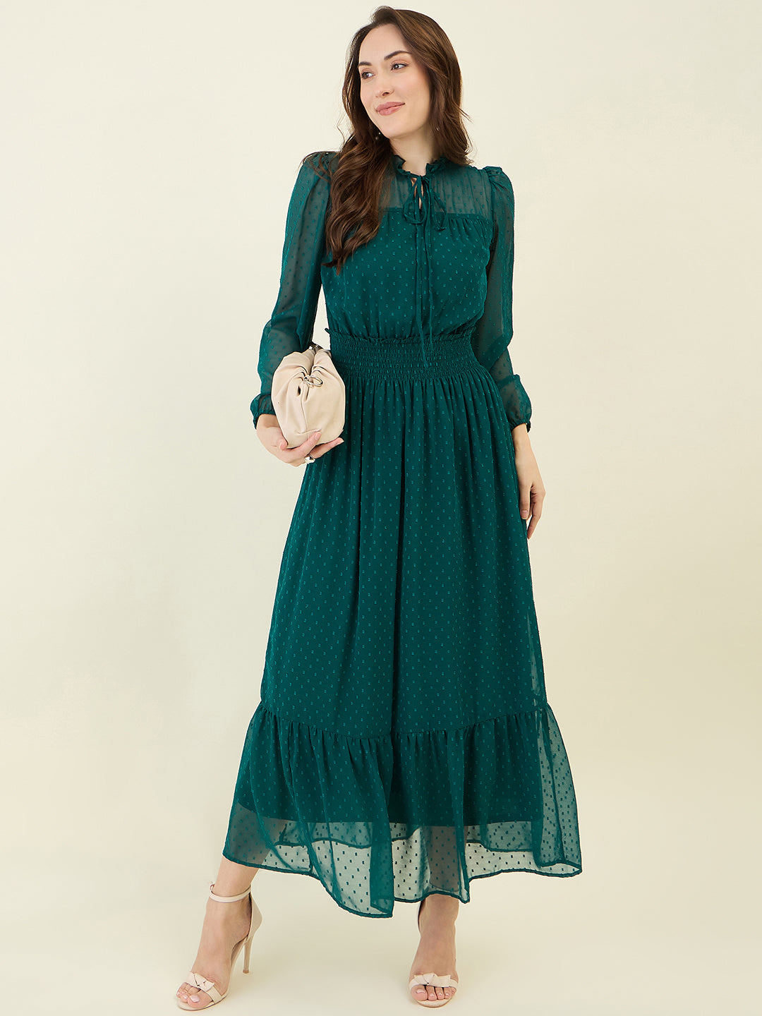 Dobby Mesh High Neck Maxi Dress with Smocked Waist