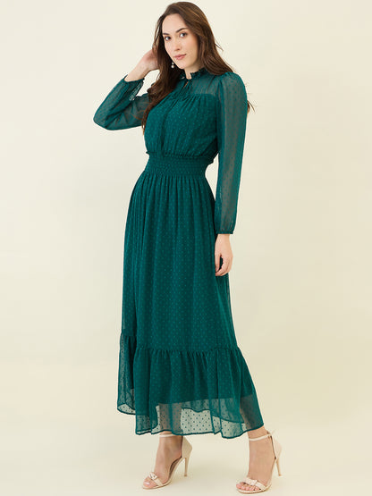 Dobby Mesh High Neck Maxi Dress with Smocked Waist