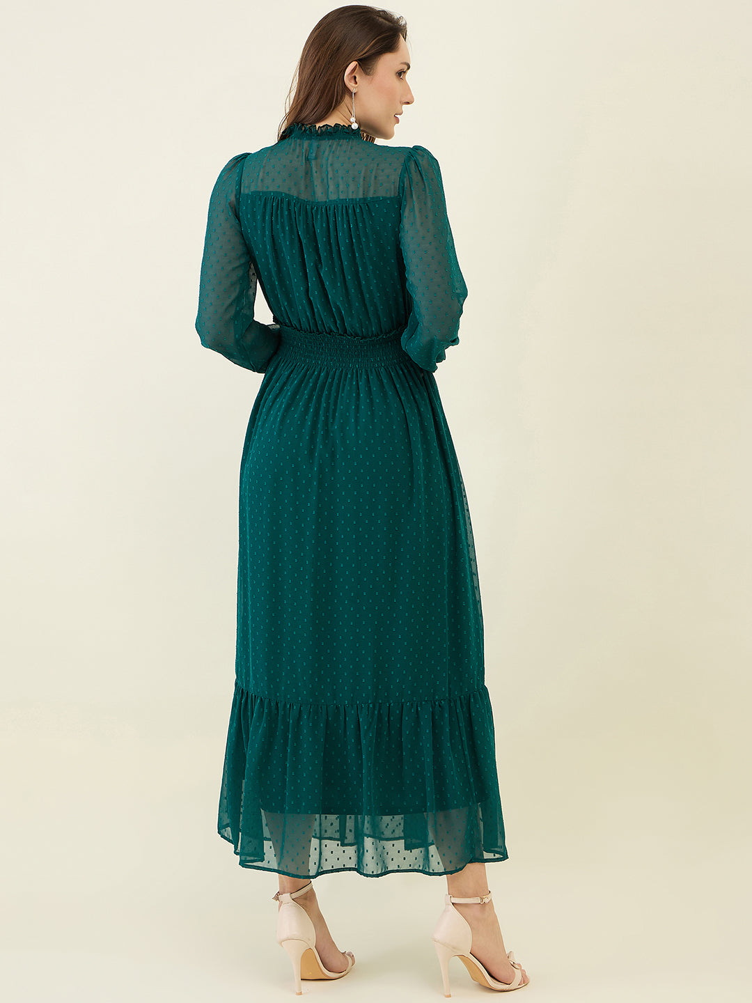 Dobby Mesh High Neck Maxi Dress with Smocked Waist