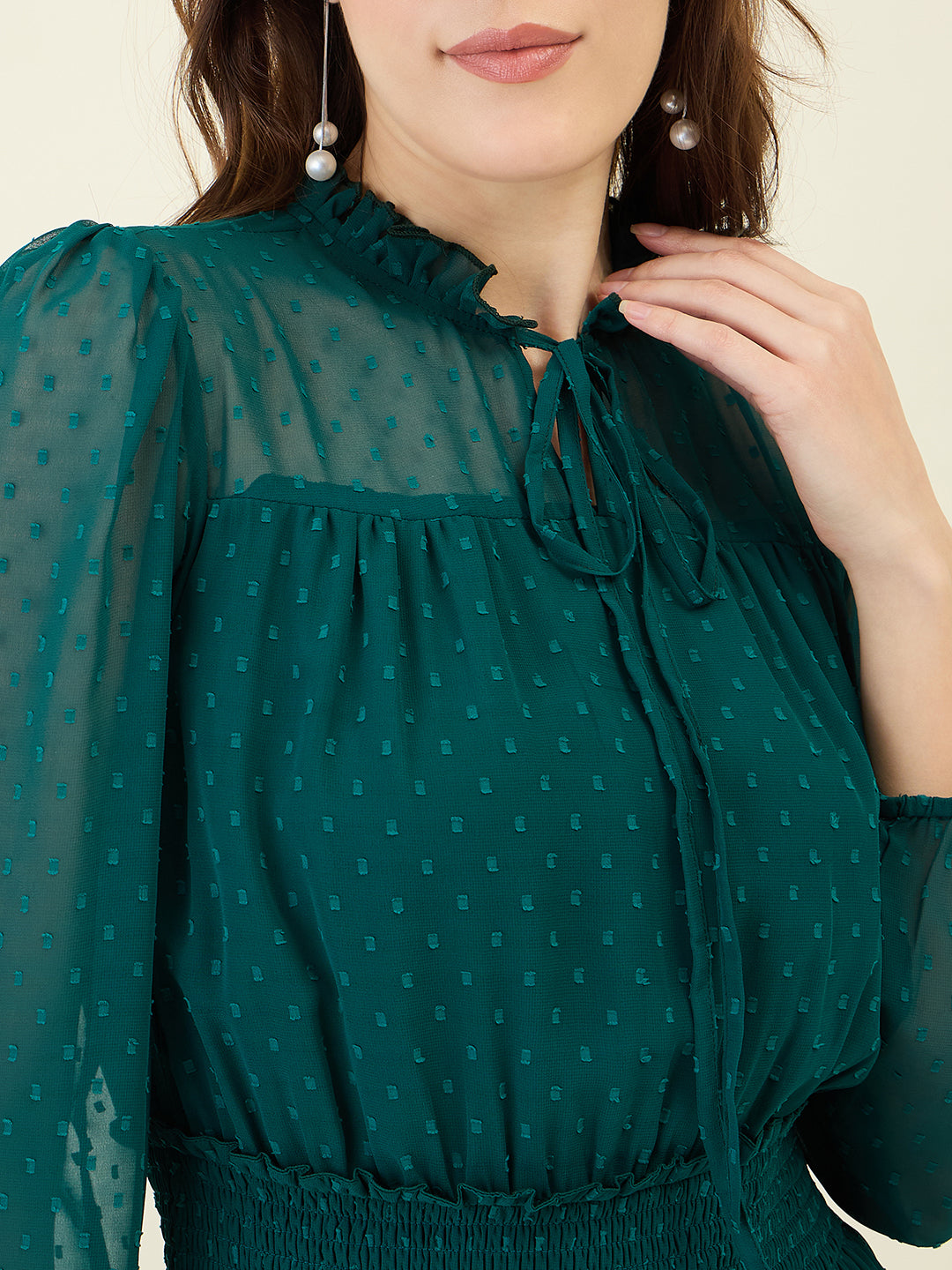 Dobby Mesh High Neck Maxi Dress with Smocked Waist