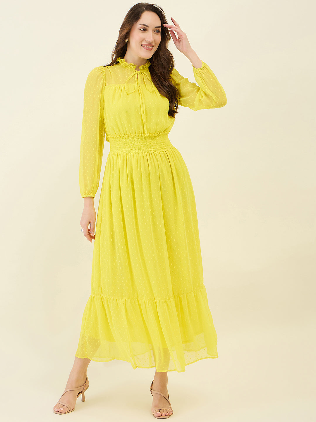 Dobby Mesh High Neck Maxi Dress with Smocked Waist