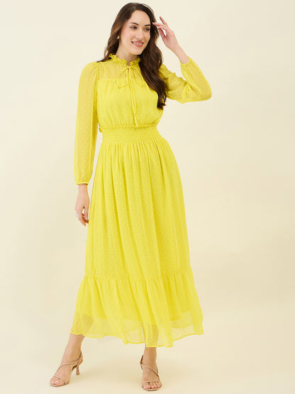 Dobby Mesh High Neck Maxi Dress with Smocked Waist