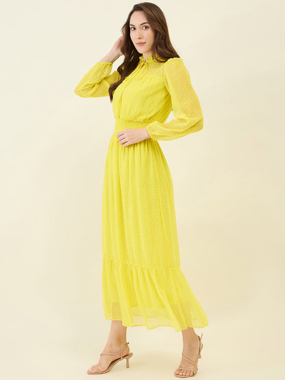 Dobby Mesh High Neck Maxi Dress with Smocked Waist