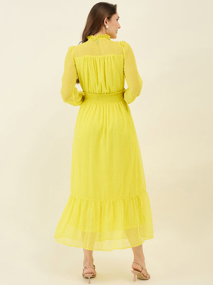 Dobby Mesh High Neck Maxi Dress with Smocked Waist