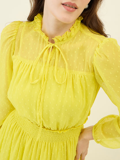 Dobby Mesh High Neck Maxi Dress with Smocked Waist