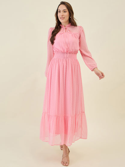 Dobby Mesh High Neck Maxi Dress with Smocked Waist