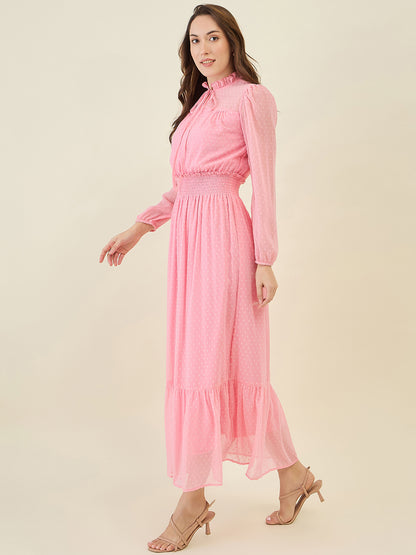 Dobby Mesh High Neck Maxi Dress with Smocked Waist