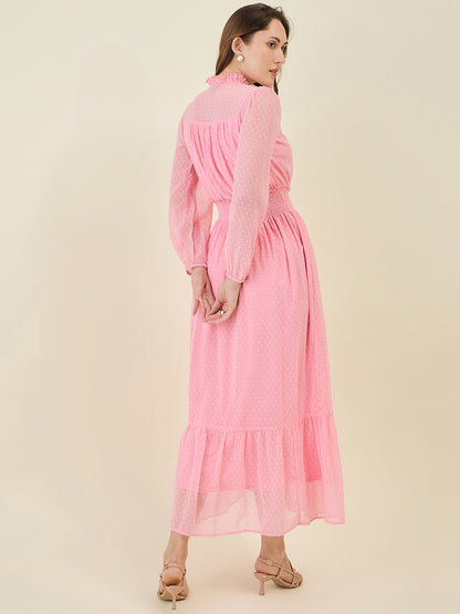 Dobby Mesh High Neck Maxi Dress with Smocked Waist