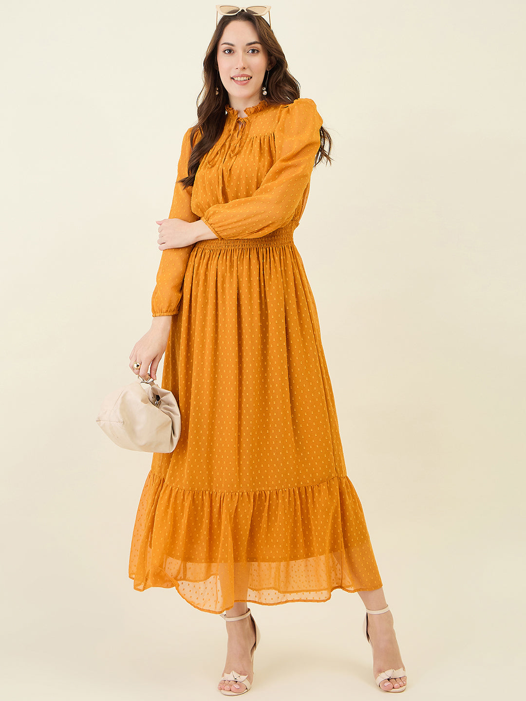 Dobby Mesh High Neck Maxi Dress with Smocked Waist